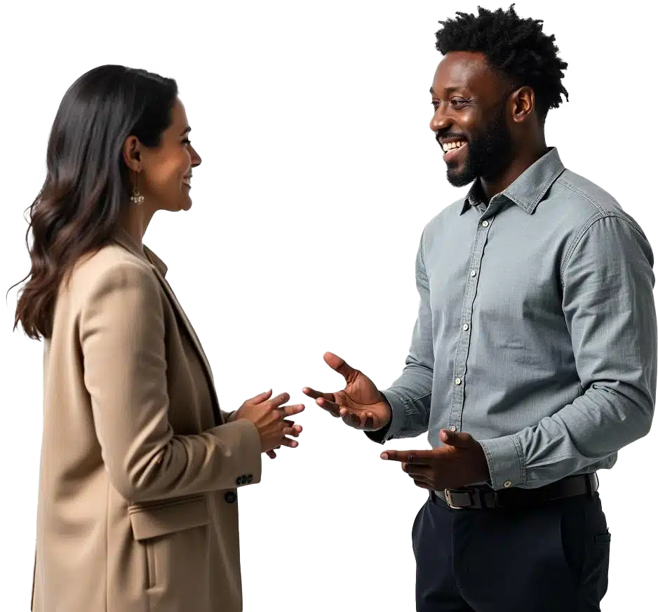 Occupational_Health_Exit_Medicals_2 A man and a woman discussing exit medicals in a professional environment.